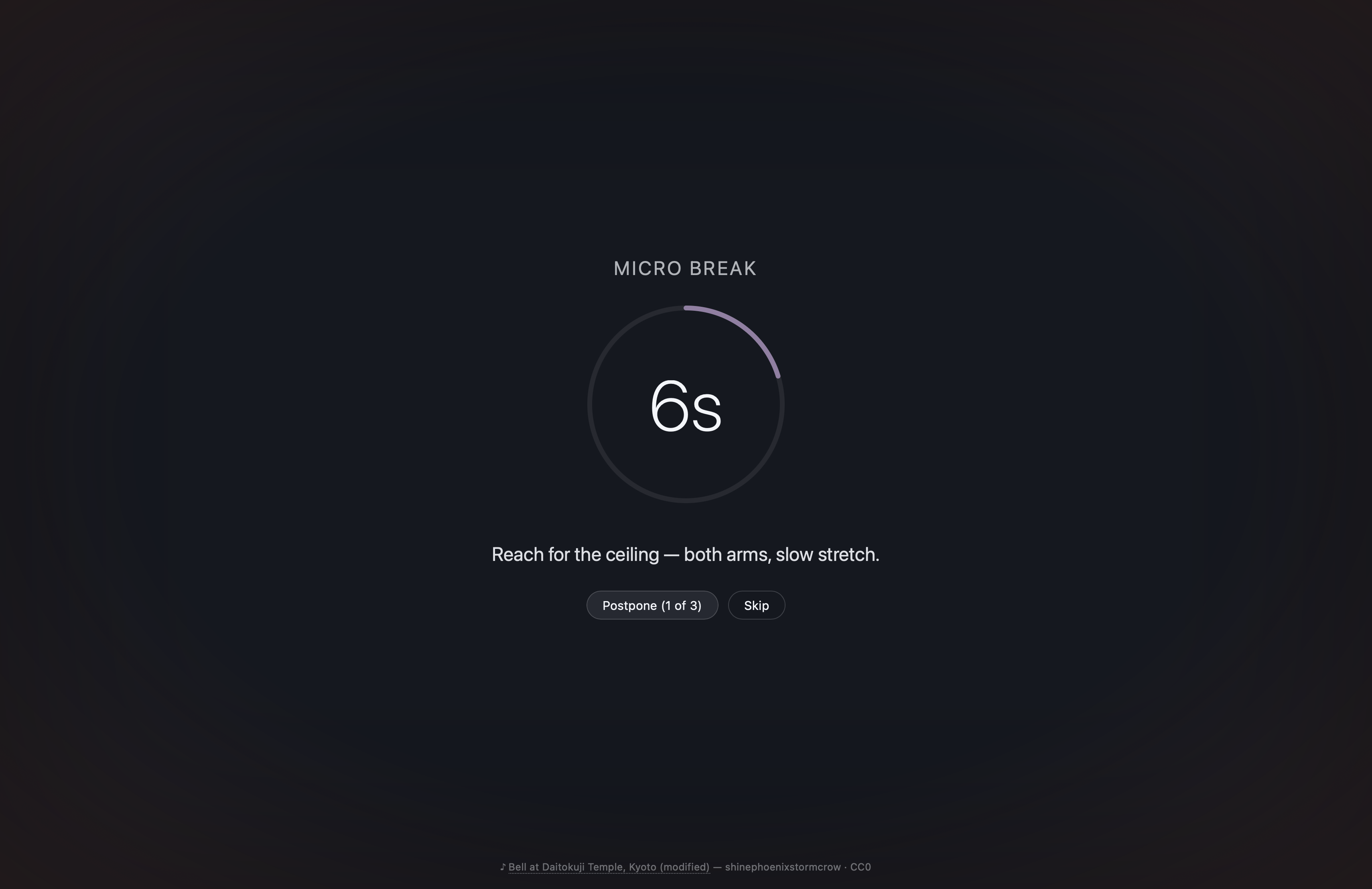 A micro break overlay: countdown ring at 10 seconds, prompt "Sip some water.", Postpone and Skip buttons